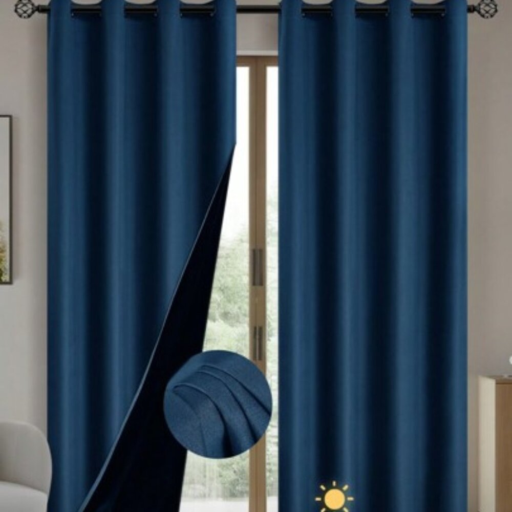 BLACKOUT CURTAINS 2 PANELS PER SET NAVY BLUE COATED INSULATED LINING GROMMETS